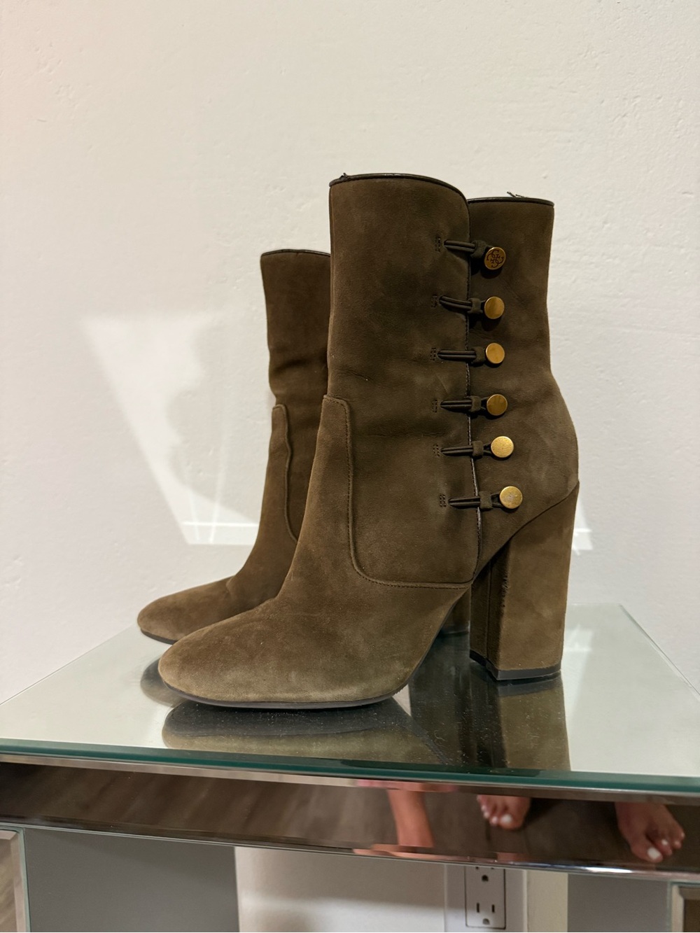 Guess Olive Suede High Heel Button-Detail Boots